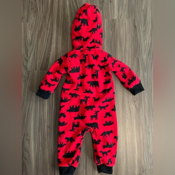 Carters baby Red and Black animal pattern fleece onesie with hoodie size 9M - Picture 2 of 5